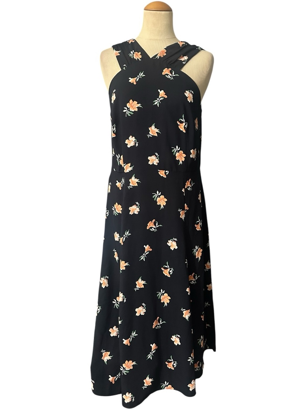 Ann Taylor Factory Crisscross Neckline Midi Dress NWT Floral Black Size 10